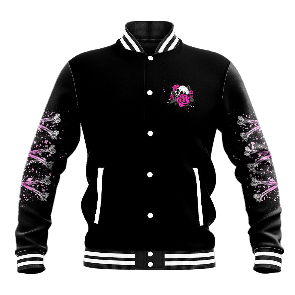 Black baseball jacket with front rose emblem, purple-pink sleeve splatter, striped collar and cuffs