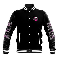 Black baseball jacket with front rose emblem, purple-pink sleeve splatter, striped collar and cuffs