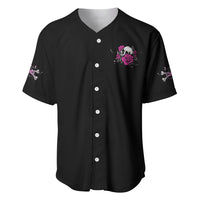 Black baseball jersey with pink rose logo on chest and button-front