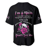 Black baseball jersey with pink rose and skull graphic, front back text print
