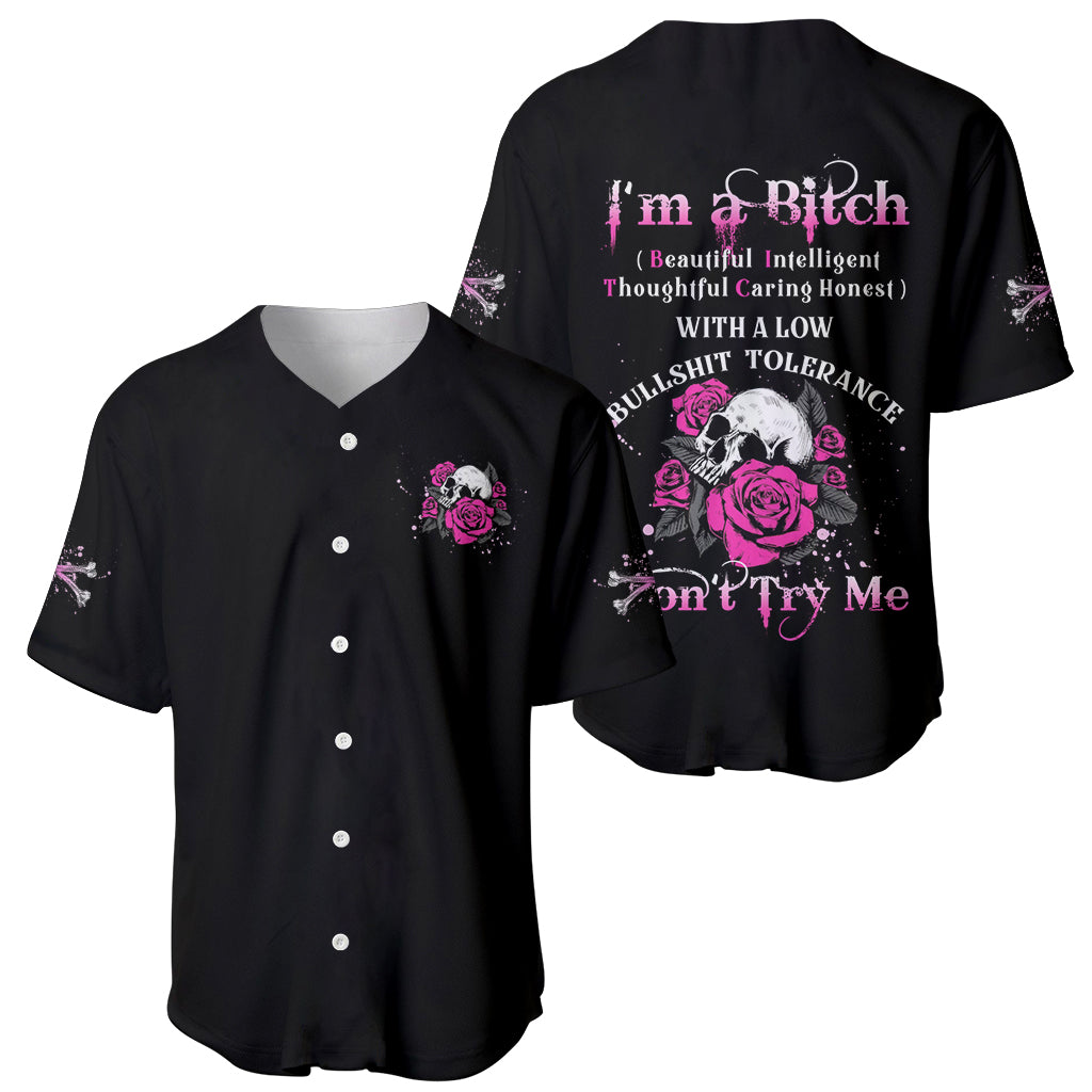 Pair of black baseball jerseys with pink rose skull graphic and Don't Try Me text