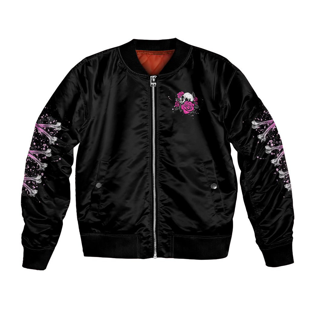 Black zipped bomber jacket with pink rose chest patch, ribbed hem and sleeve skull art