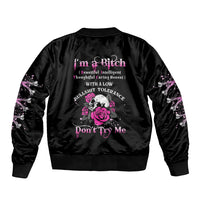 Black satin bomber jacket with pink rose-skull graphic, ribbed collar and cuffs