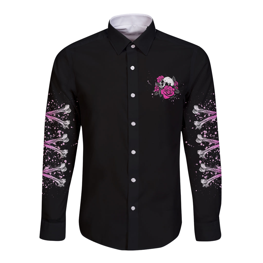 Black long-sleeve button shirt with small pink rose skull chest print and sleeve splatter