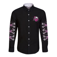 Black long-sleeve button shirt with small pink rose skull chest print and sleeve splatter