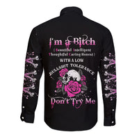 Black long-sleeve button shirt with pink rose skull and 'Don't Try Me' graphic