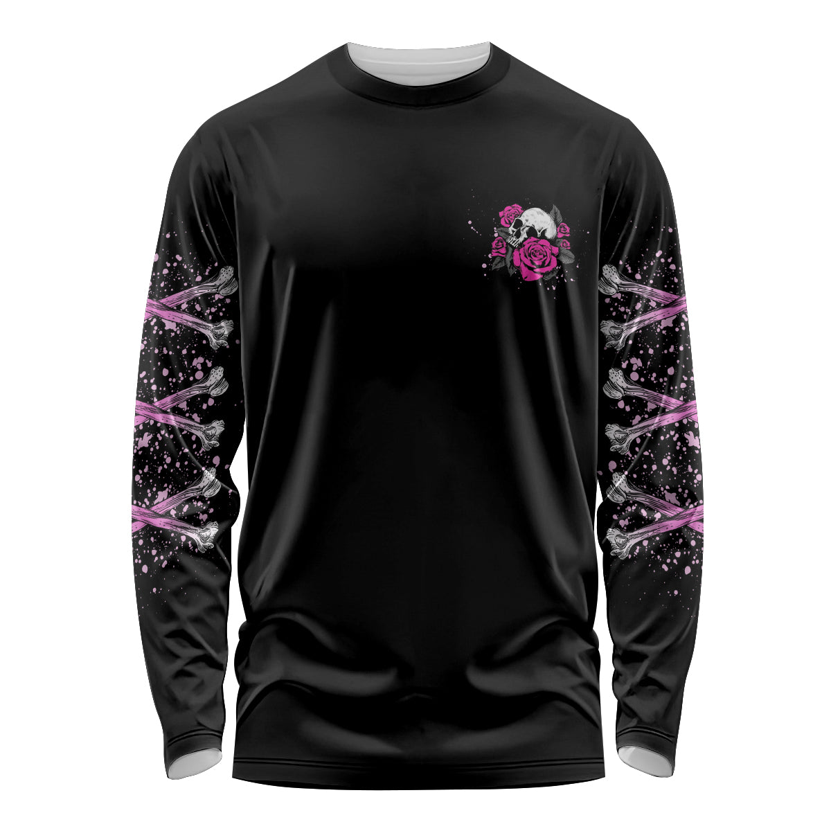 Black long sleeve shirt with pink rose skull chest graphic