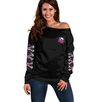 Black off-shoulder sweater with pink rose logo on chest, long sleeves