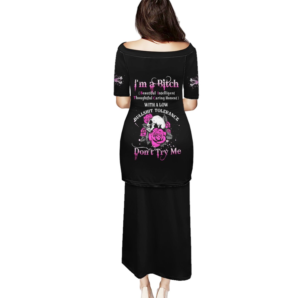 Black long T-shirt dress with back skull-and-rose graphic and slogan, 3/4 sleeves
