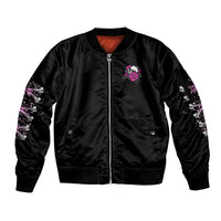 Black satin bomber jacket, front zip, rose chest patch, sparkly side graphics on sleeves