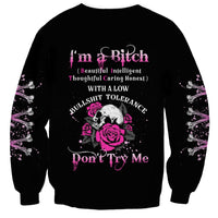 Black crewneck sweatshirt with pink skull and rose graphic, 'Don't Try Me' text.