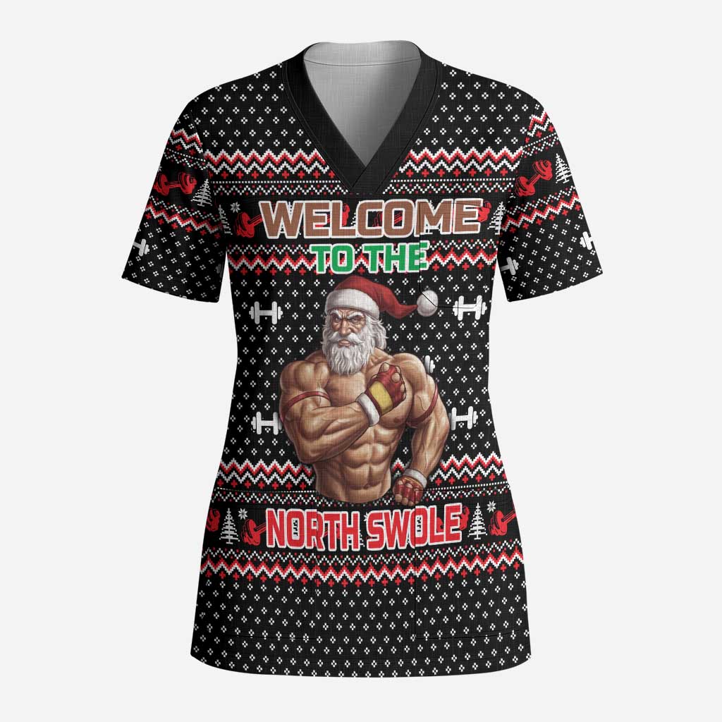 Bodybuilder Santa Christmas Scrub Top with Welcome to the North Swole Quote and Dumbbell - Wonder Print Shop