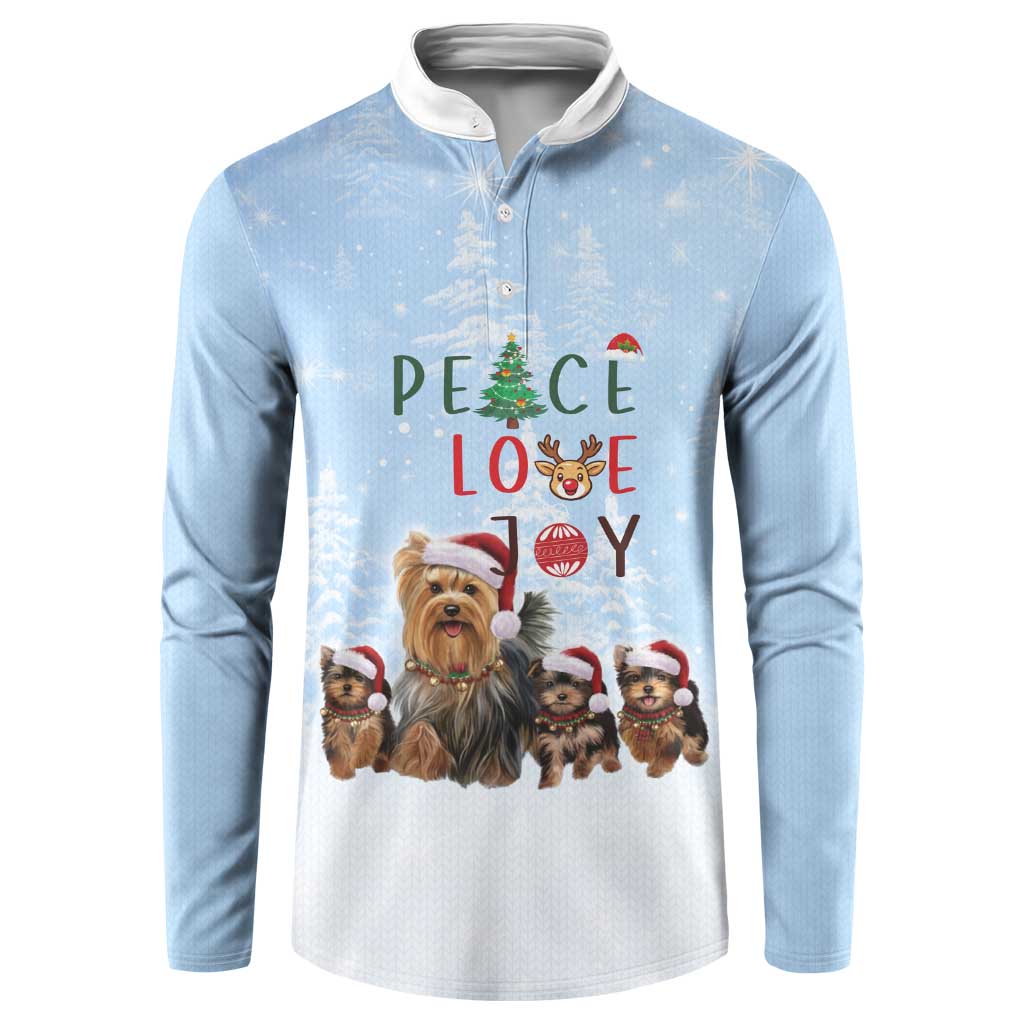 Yorkshire Terrier Dog Christmas Button Sweatshirt with Peace Love Joy Quote and Santa Hat Puppies in Snowy Winter Scene - Wonder Print Shop