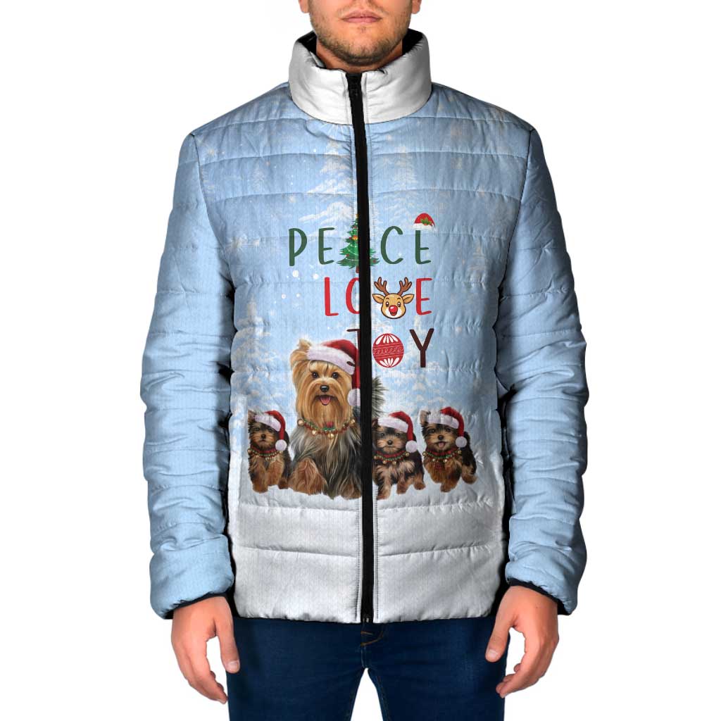 Yorkshire Terrier Dog Christmas Padded Jacket with Peace Love Joy Quote and Santa Hat Puppies in Snowy Winter Scene - Wonder Print Shop