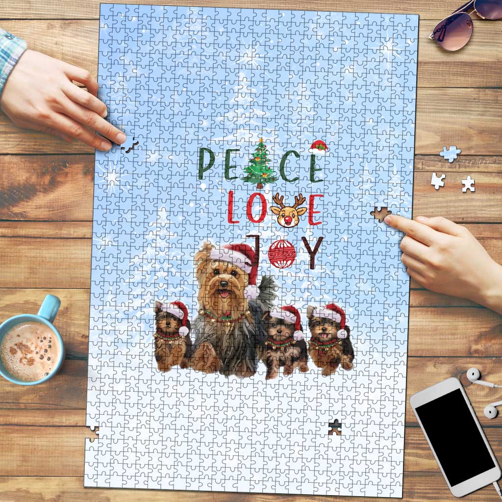 Yorkshire Terrier Dog Christmas Puzzle with Peace Love Joy Quote and Santa Hat Puppies in Snowy Winter Scene - Wonder Print Shop