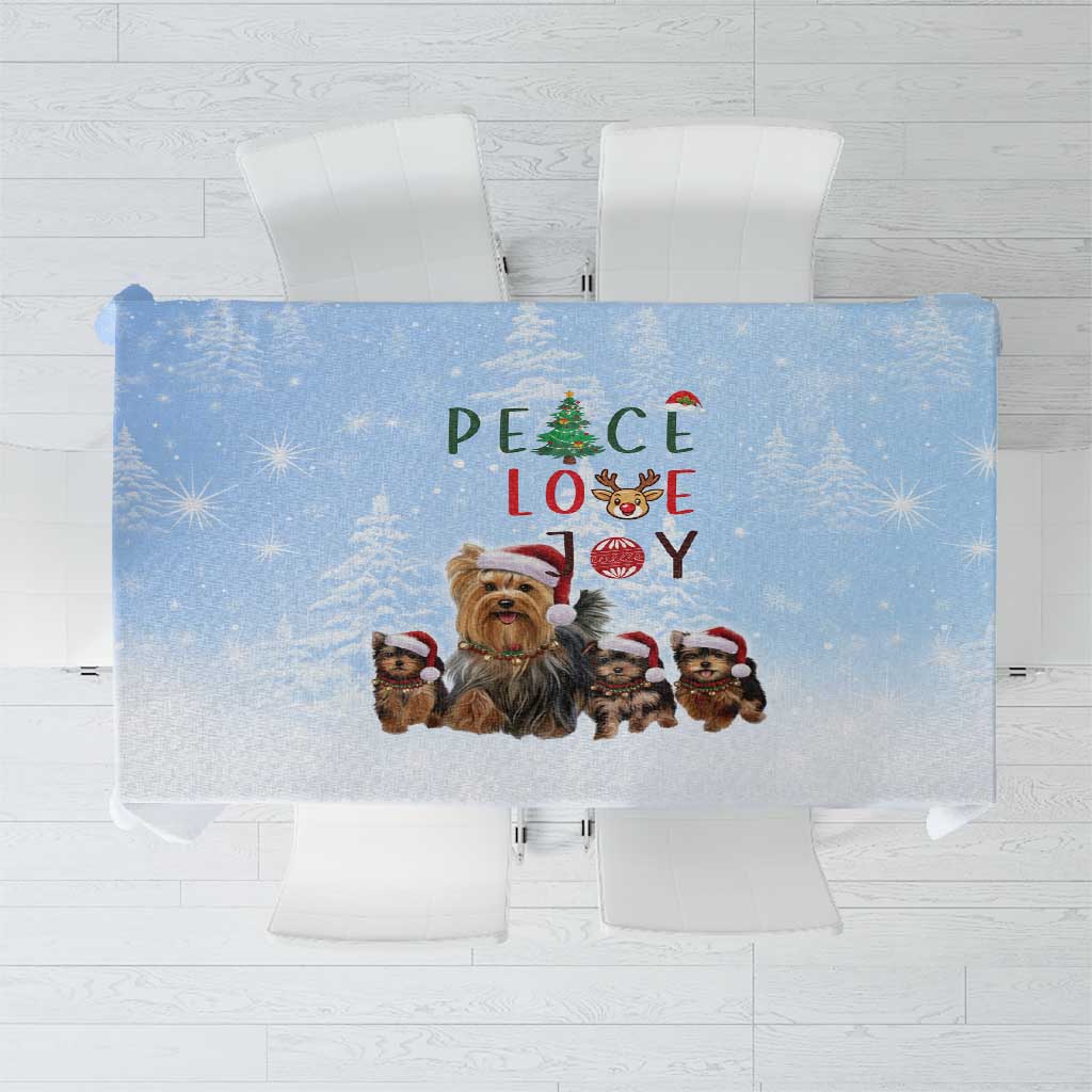 Yorkshire Terrier Dog Christmas Tablecloth with Peace Love Joy Quote and Santa Hat Puppies in Snowy Winter Scene - Wonder Print Shop