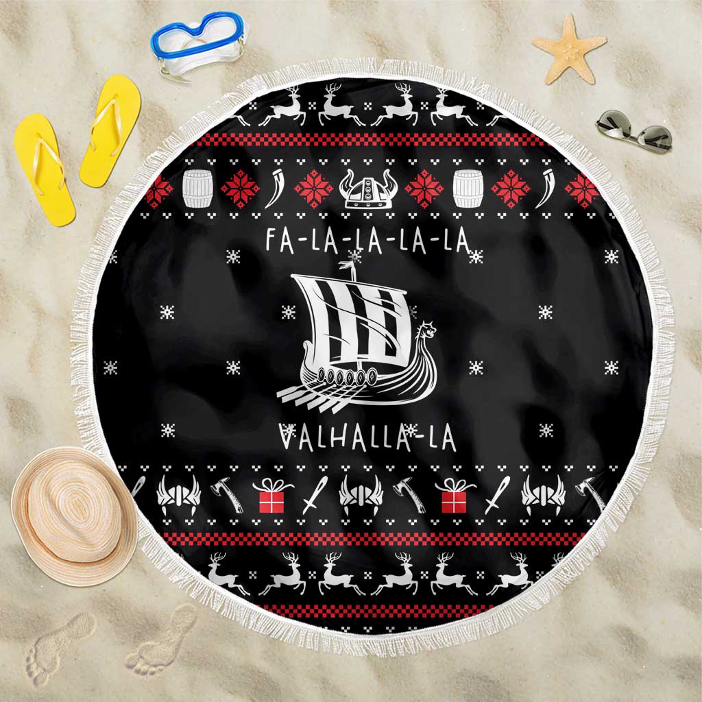 Viking Christmas Beach Blanket with Fa La La La La Valhalla Quote and Longship Nordic Pattern - Wonder Print Shop