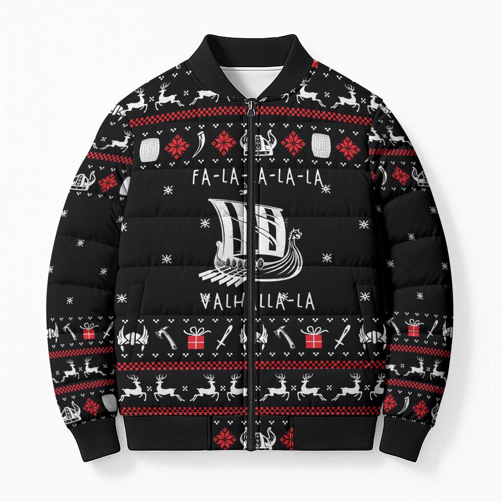 Viking Christmas Bomber Puffer Jacket with Fa La La La La Valhalla Quote and Longship Nordic Pattern - Wonder Print Shop