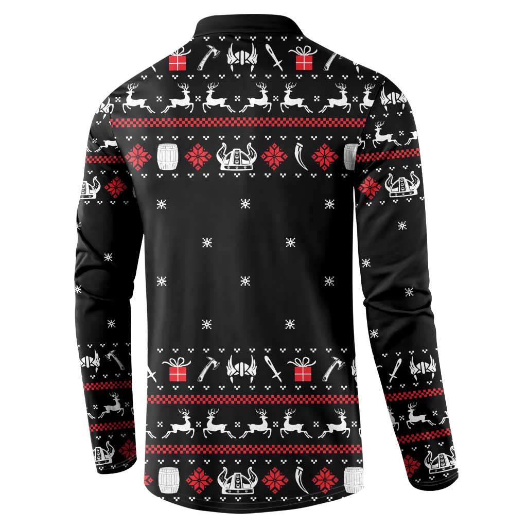 Viking Christmas Button Sweatshirt with Fa La La La La Valhalla Quote and Longship Nordic Pattern - Wonder Print Shop