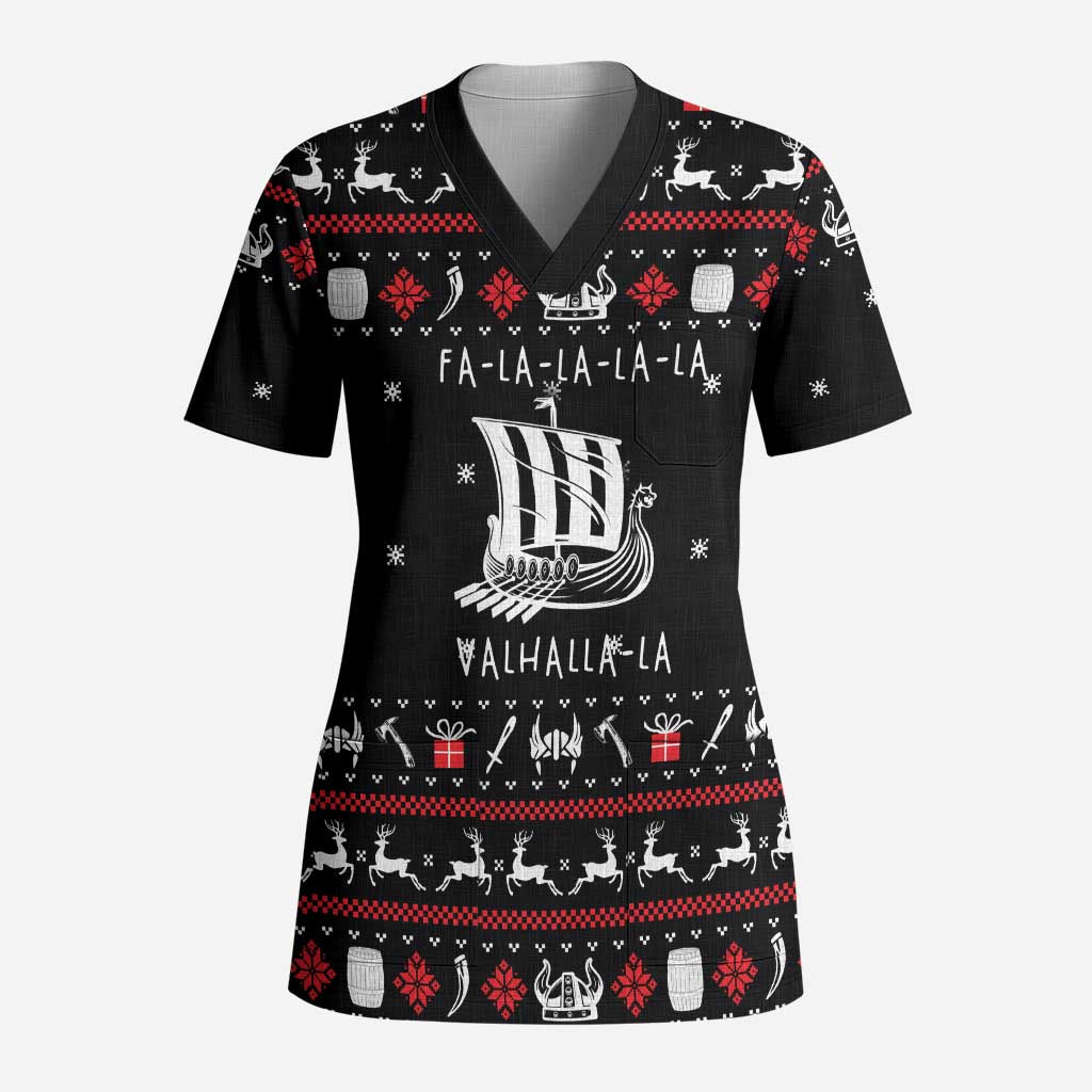 Viking Christmas Scrub Top with Fa La La La La Valhalla Quote and Longship Nordic Pattern - Wonder Print Shop