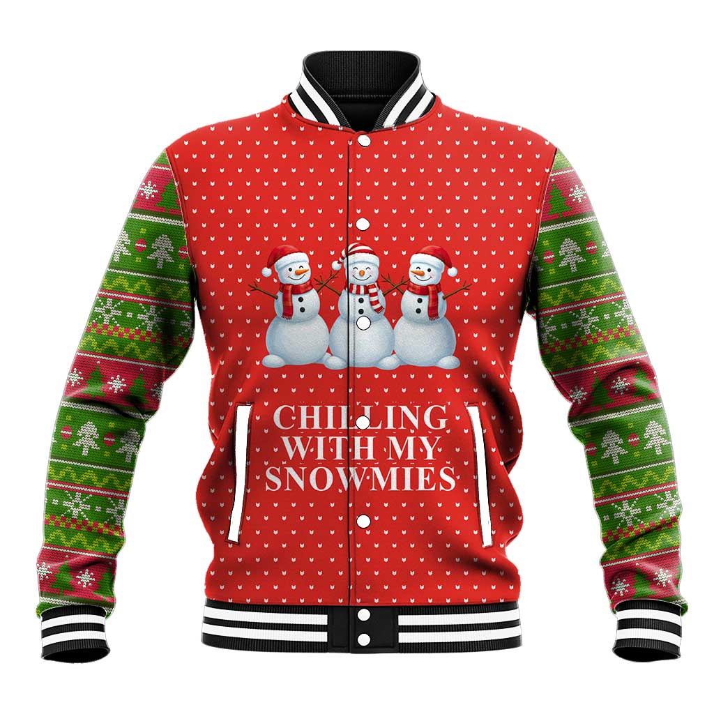 Chilling With My Snowmies Christmas Baseball Jacket Xmas Holiday Patterns - Wonder Print Shop