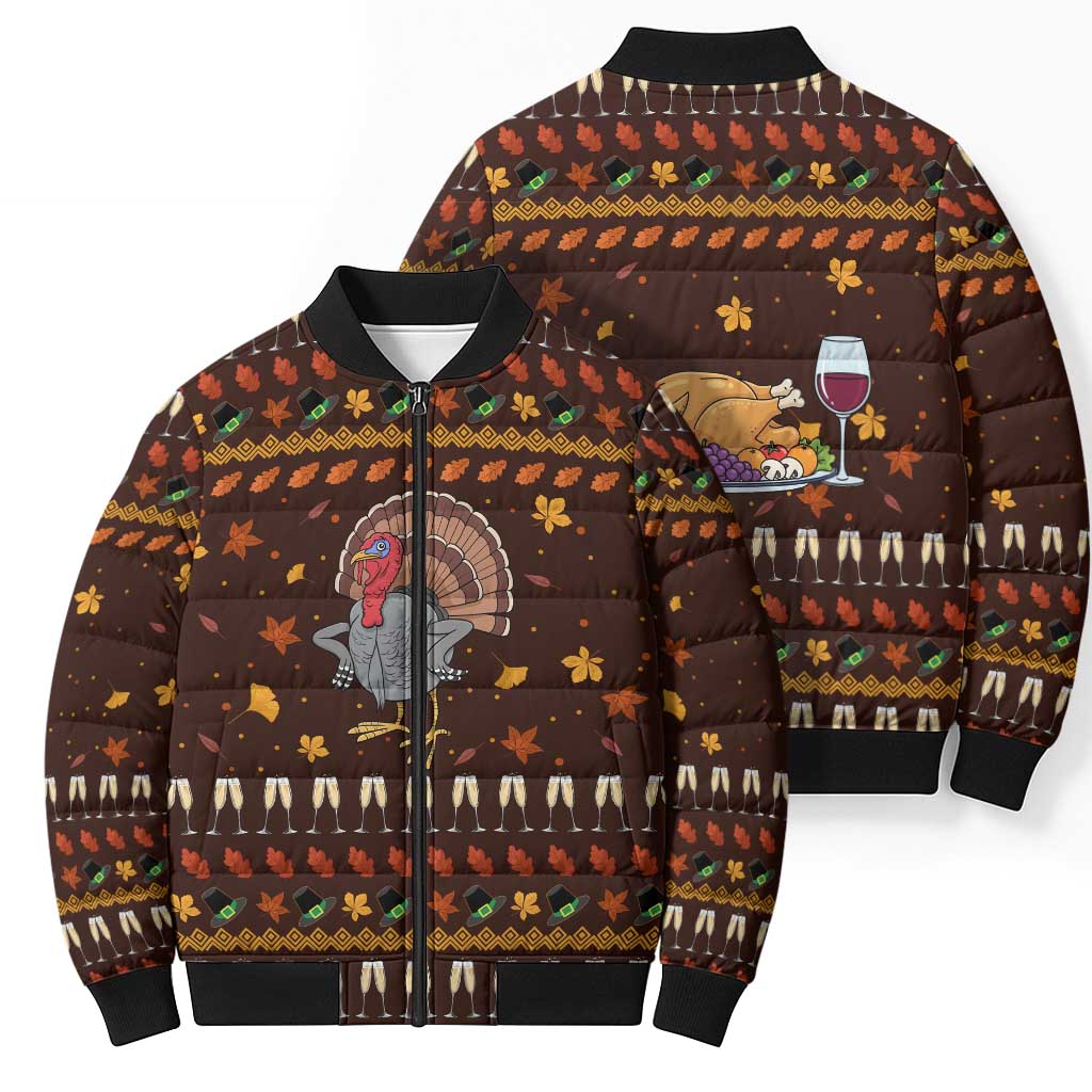 Turkey And WIne Christmas Bomber Puffer Jacket Xmas Holiday Patterns - Wonder Print Shop