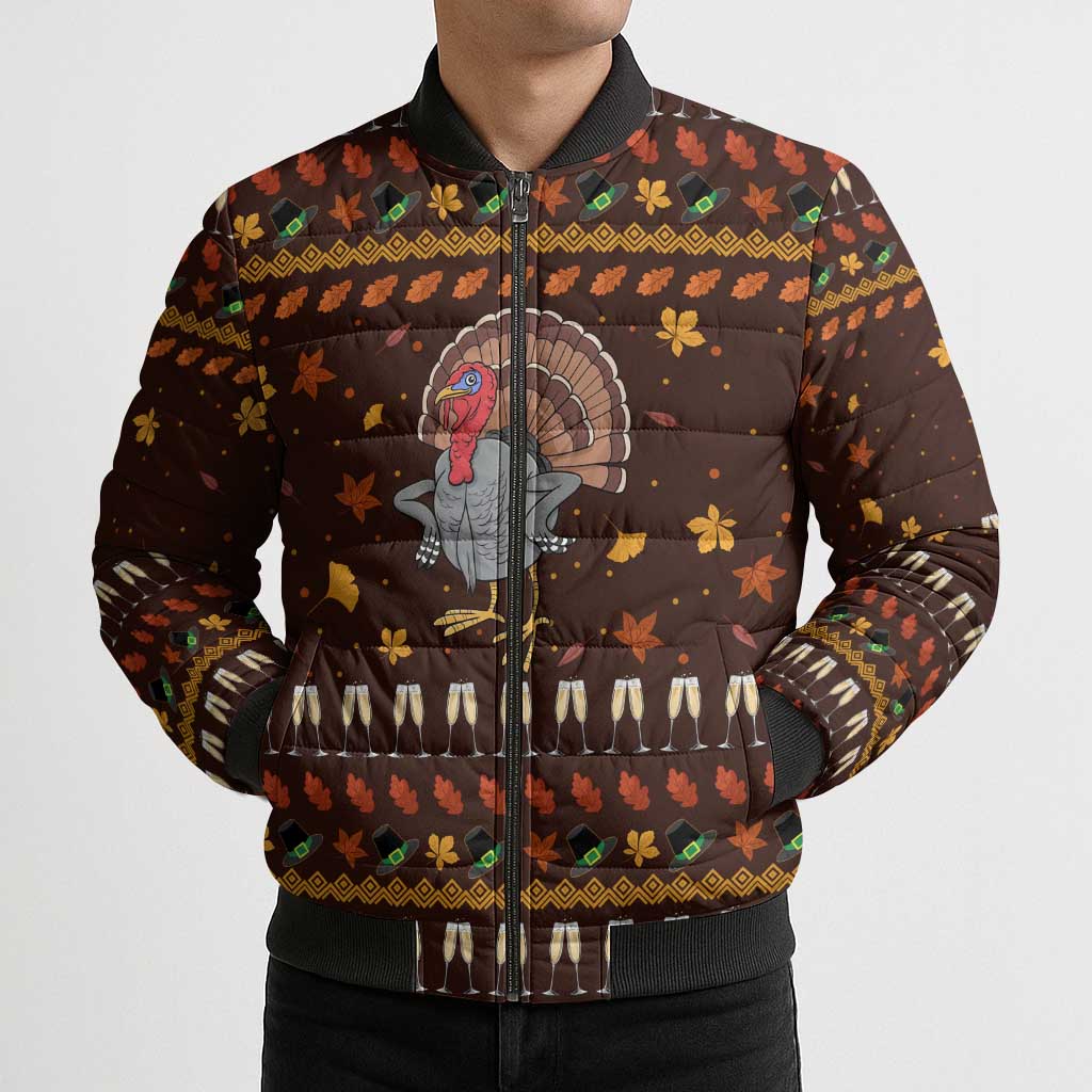 Turkey And WIne Christmas Bomber Puffer Jacket Xmas Holiday Patterns - Wonder Print Shop