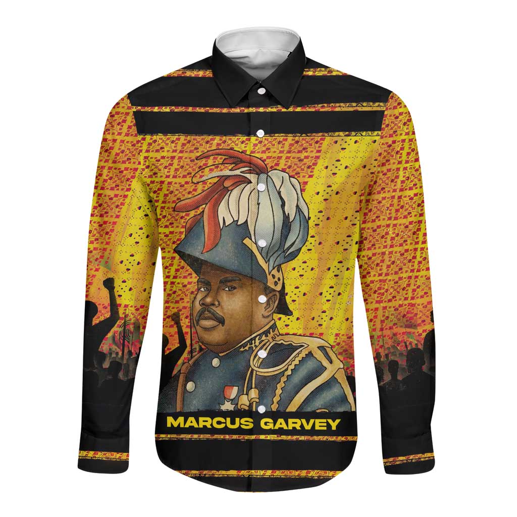 Marcus Garvey Long Sleeve Button Shirt Yellow African Pattern Design Pan African Flag Civil Rights Movement Tribute - Wonder Print Shop