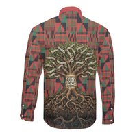 Black Heritage Tree Long Sleeve Button Shirt African Root Black History Kente Pattern