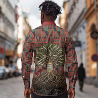 Black Heritage Tree Long Sleeve Button Shirt African Root Black History Kente Pattern