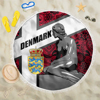 Round beach blanket with Denmark cross, red folk pattern, mermaid silhouette, fringed edge