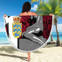 Round beach blanket with Denmark crest, red decorative pattern, mermaid silhouette, white fringe