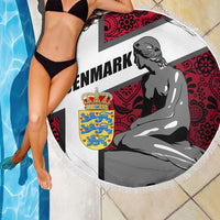 Round beach blanket with Denmark cross, crest shield, red folk pattern, mermaid silhouette, fringe