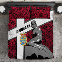 Red Denmark-themed bedding set with mermaid figure, cross stripe, and patterned pillows