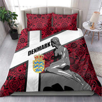 Red bedding set with mermaid graphic, Denmark word, cross stripe, and two matching pillows