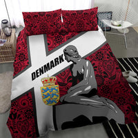 Red bedding set with mermaid artwork, Denmark text across white cross, and two pillows