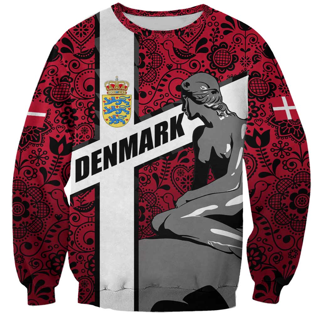 Denmark Sweatshirt with The Little Mermaid Statue, Danish Folk Patterns, National Heritage Pride