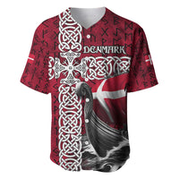 Red baseball jersey with Denmark flag, celtic knots, and longship/rune graphic