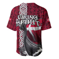 Red baseball jersey back with Viking Spirit text, celtic knots, and Denmark flag