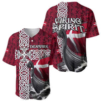 Red baseball jersey front and back shown: Denmark flag, celtic knots, Viking Spirit