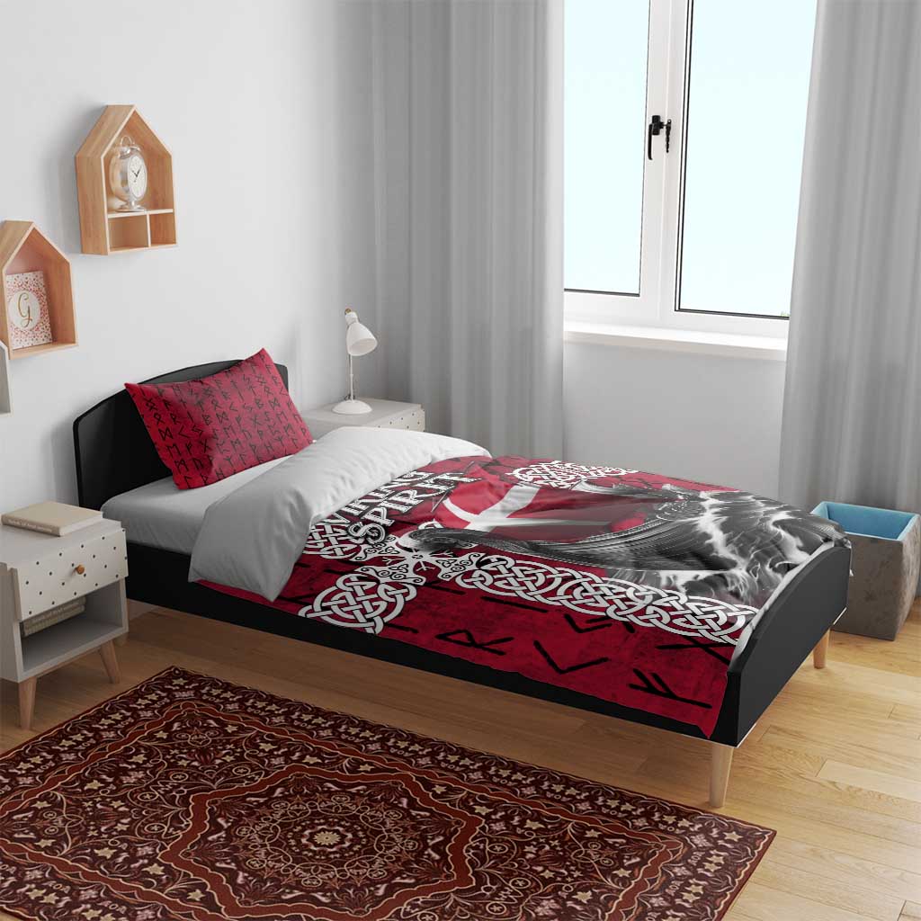 Denmark Viking Longship Bedding Set Norse Rune & Celtic Cross Danish Flag