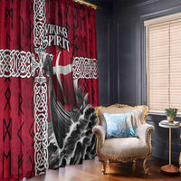 Red Viking-themed curtain panels with ship graphic, rune symbols, and Celtic knots