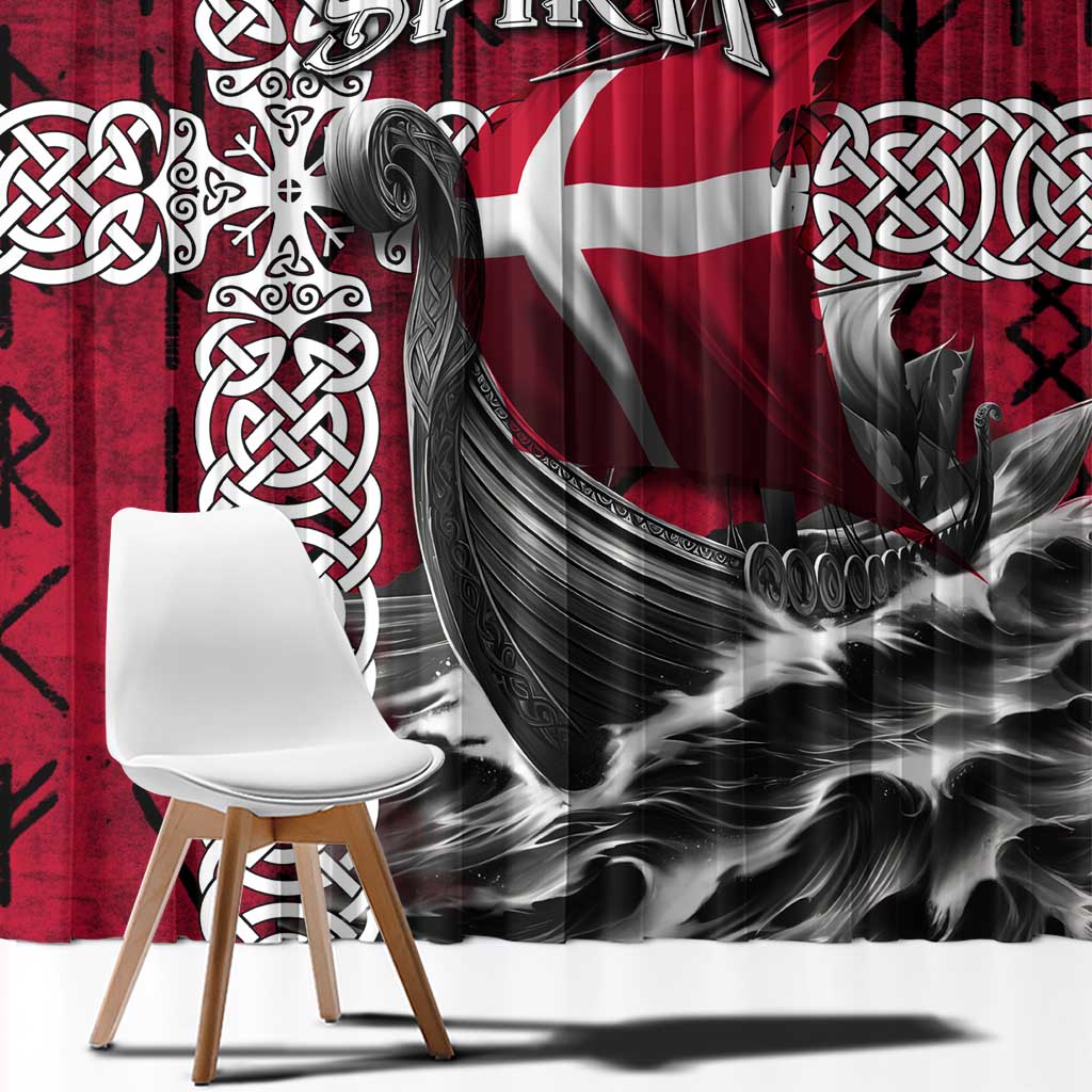 Red curtain panel with Viking ship silhouette, rune marks, and Celtic knot trim