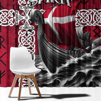 Red curtain panel with Viking ship silhouette, rune marks, and Celtic knot trim