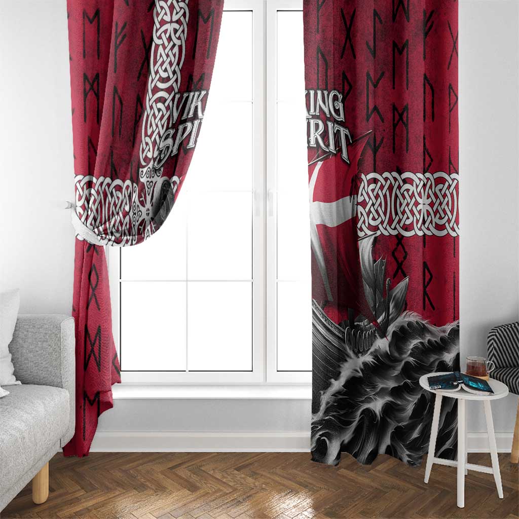 Two red window curtain panels with Viking ship scene, runes, and Celtic knot borders