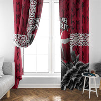 Two red window curtain panels with Viking ship scene, runes, and Celtic knot borders