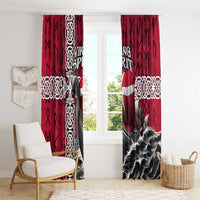 Red Viking window curtains featuring ship artwork, runes, and Celtic knot patterns