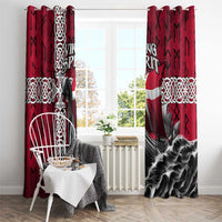 Red curtain panels with Danish cross stripe, Viking ship graphic, and Celtic knots