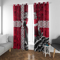 Red Viking-themed curtain panels with rune motifs, Celtic knots, and ship artwork