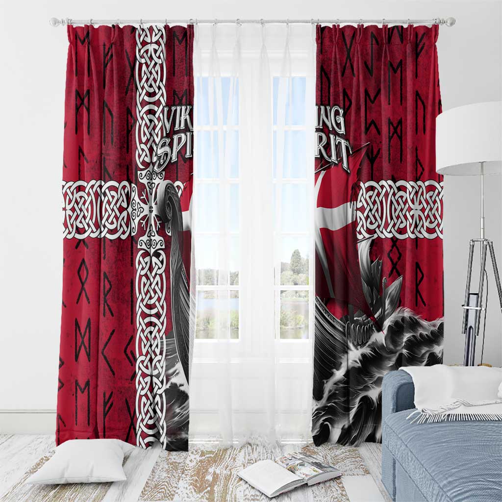 Red curtain panels with Viking ship image, runes, and Celtic knot pattern borders